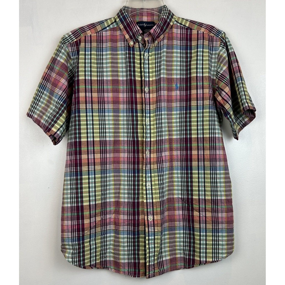 Ralph Lauren Shirt Boys L Madras Plaid Button Down Preppy Cotton Shirt Sleeve